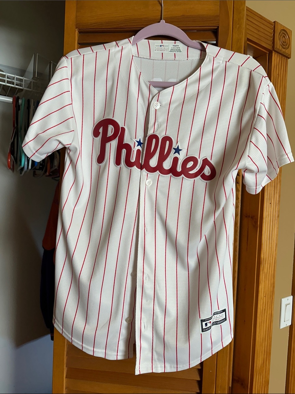 Phillies Youth Large White & Red Pinstripe Baseball Jersey Bryce Harper